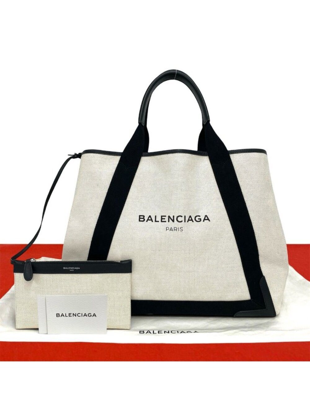 Balenciaga Navy Cabas Canvas Leather Tote Shoulder Bag Ivory